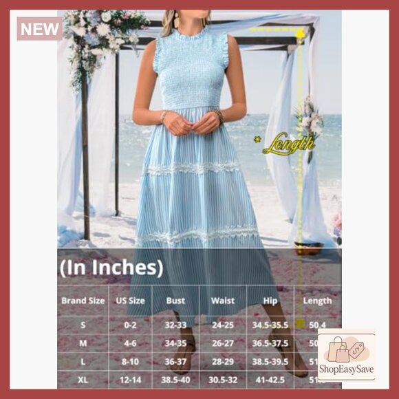 Striped Midi Dress Sleeveless Smocked Tiered Flowy Vintage Casual Summer - Picture 6 of 7